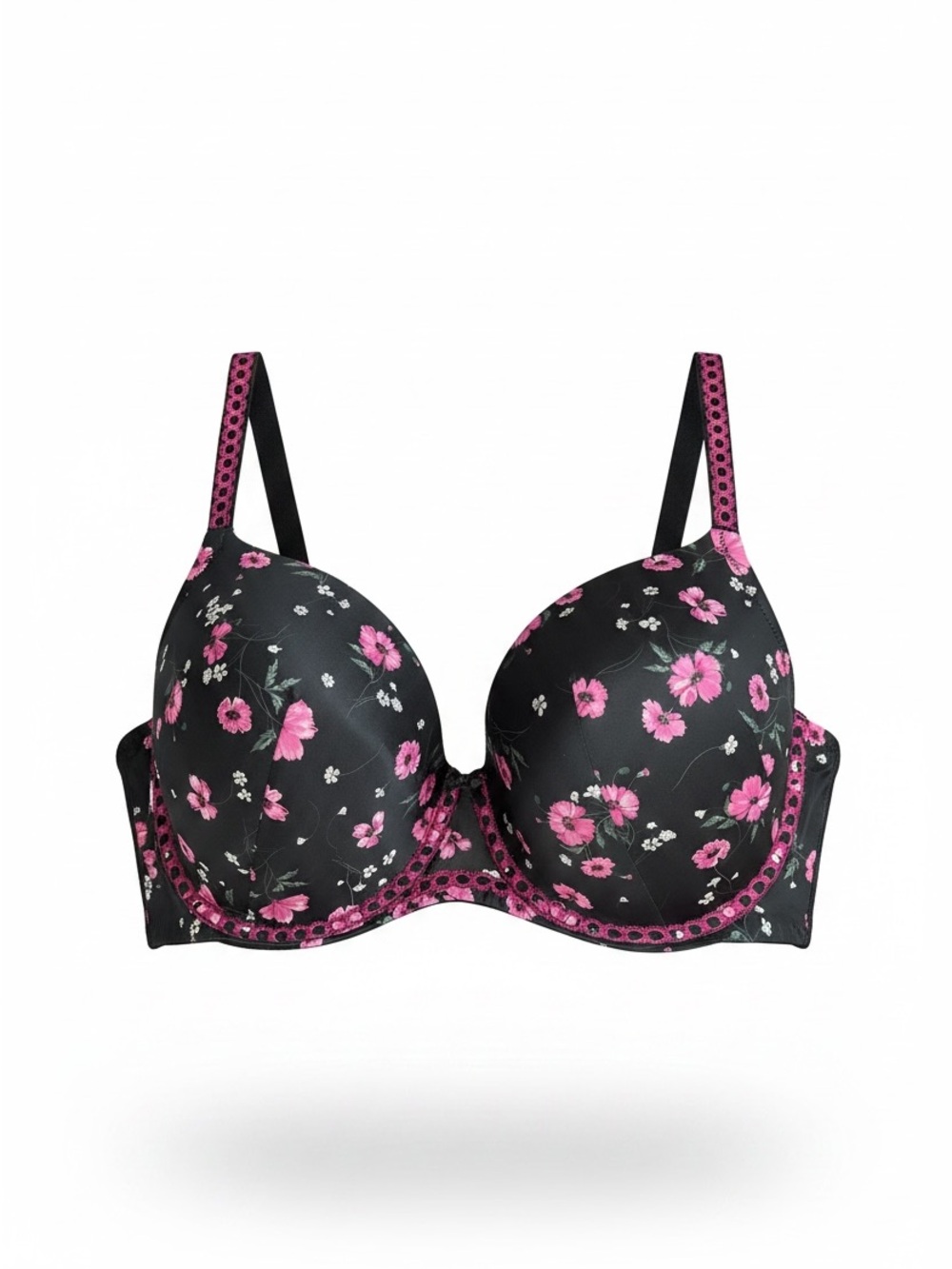 Torrid 46D Black Pink Floral Microfiber Smooth T-Shirt Underwire Bra
